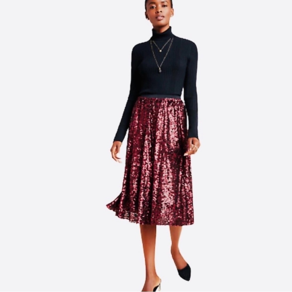 Anthropologie Burgundy Sequin Midi Skirt